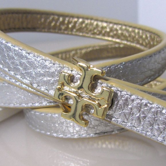 Tory Burch Accessories - Tory Burch REVERSIBLE Silver Gold Skinny Belt Logo Buckle Metallic 48212
